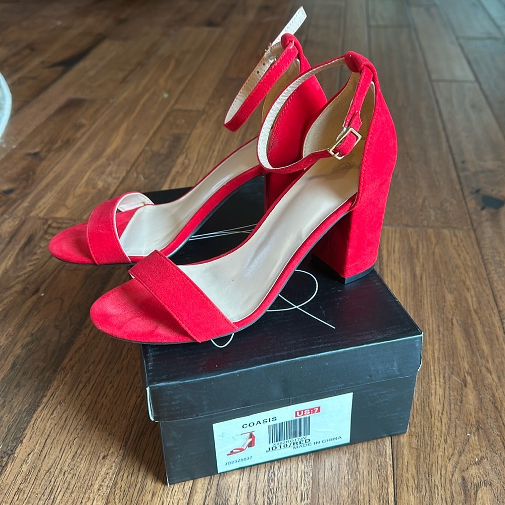 COASIS Women's Chunky Block Red suede Heels Open Toe Ankle Strap 3.5” heel